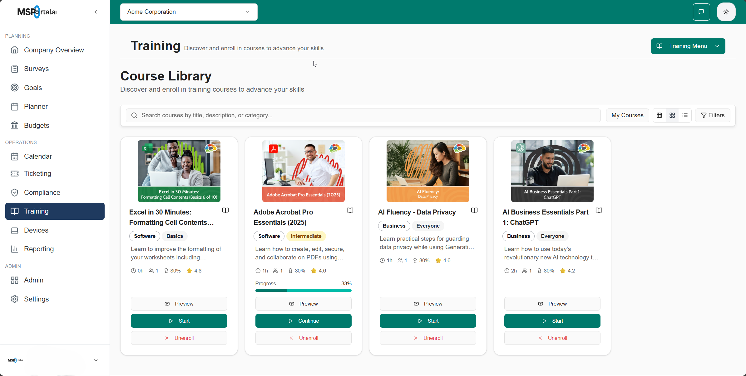Bigger Brains Training Platform - Course Library showing Excel, Adobe Acrobat, AI Fluency, and Business Essentials courses